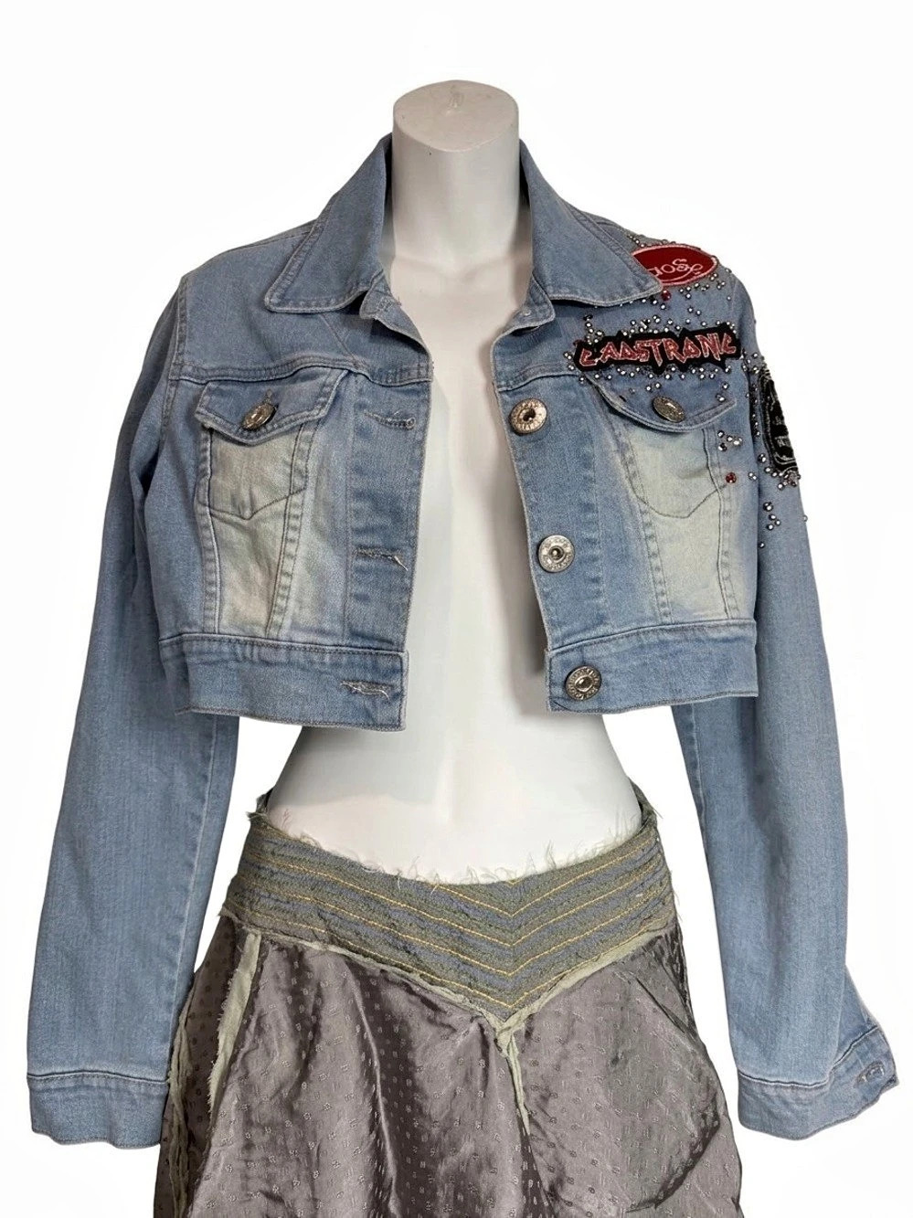 CAOS Brazil Embellished Cropped Denim Jean Jacket S Studs Vintage Y2K Punk Rock